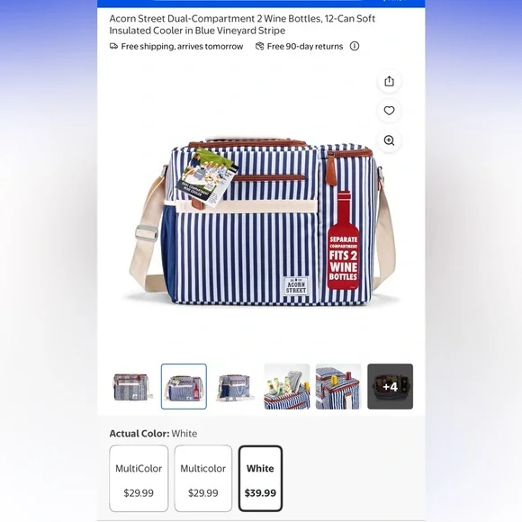 Acorn Street 2 Wine Bottles, 12-Can Soft Insulated Cooler Striped With Pockets - Picture 11 of 12